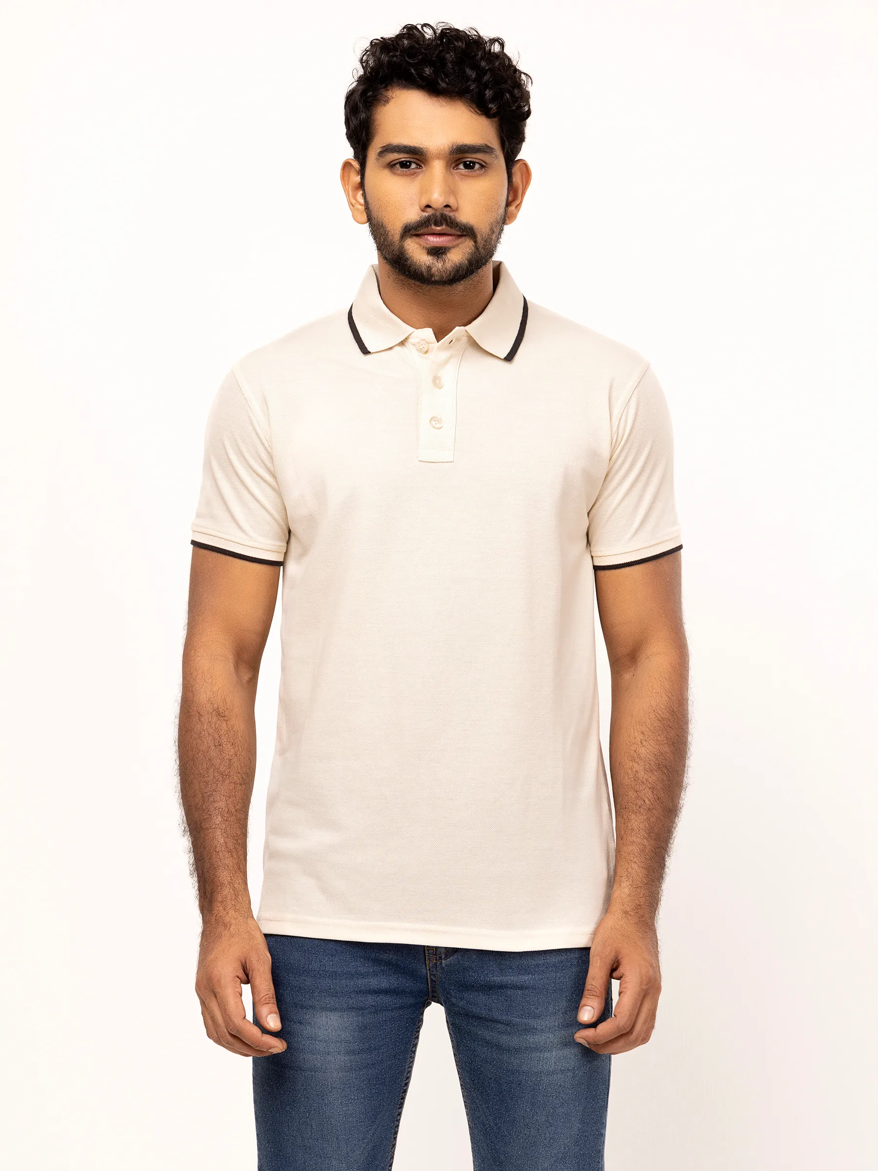 Off White Mixed Cotton Polo Shirt